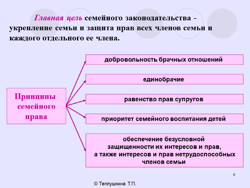 6 © Теплушкина Т.П.  Главная цель семейного законодательства - укрепление семьи и защита